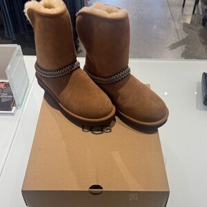 UGG Tan Sheepskin Boots with Patterned Trim